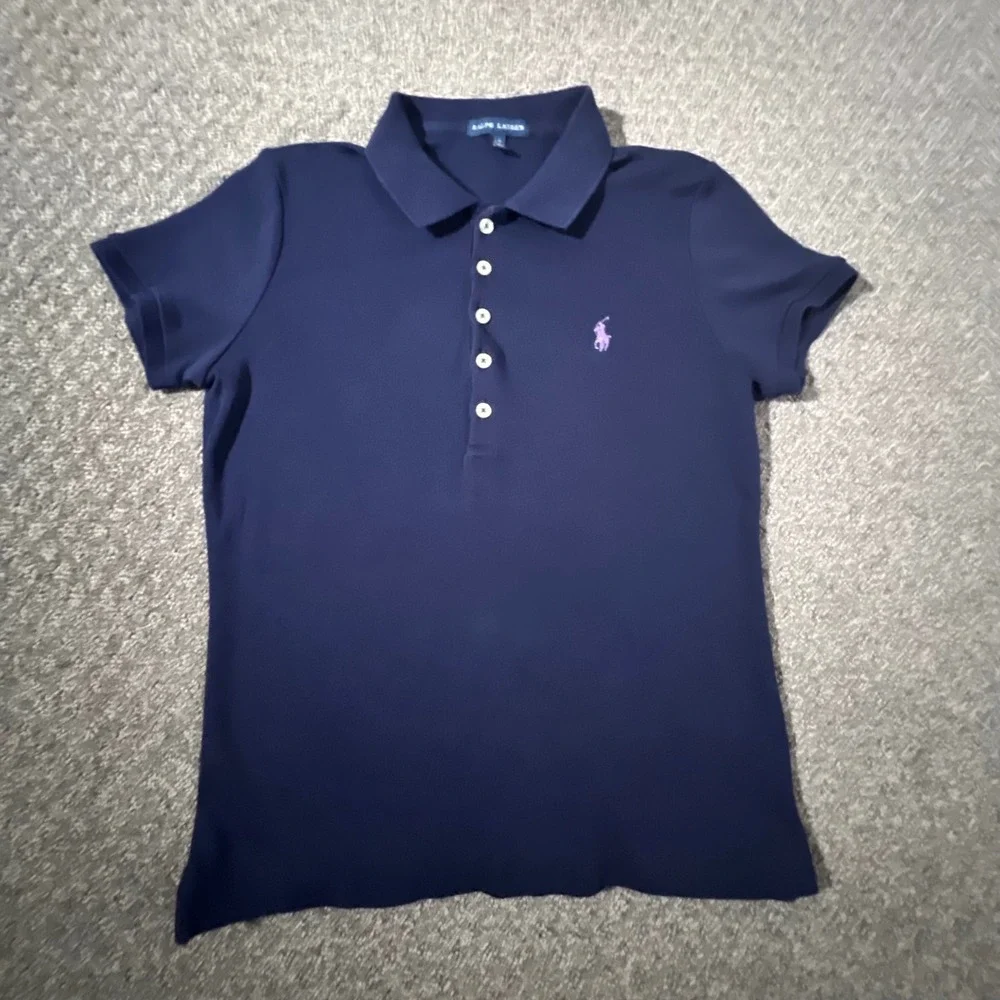 Ralph Lauren Polo Shirt Girls‎ Large Navy Blue Purple Pony Logo Short Sleeve